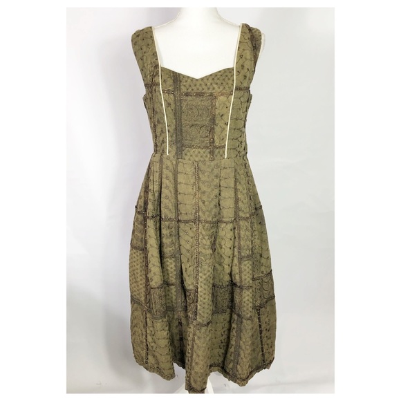 Handmade Dresses & Skirts - Handmade Fit and Flair Olive Green Patchwork Dress